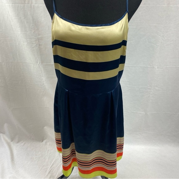 Cremieux Dress Size 10 Navy Blue Tan Multicolor Striped Silky Spaghetti Strap - Picture 3 of 7